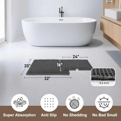 JIUZHEN Set of 2 Waffle Bath Mats Boho Bath Rugs 16"x24"+20"x32", Black