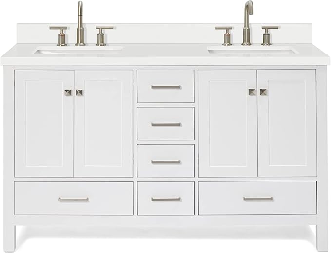 ARIEL Cambridge 60-inch Bathroom Vanity with Sink,Solid Wood, 1.5-inch Pure White Quartz Countertop & Backsplash, Double Rectangular Porcelain Sink, 4 Soft Closing Doors, 6 Dovetail Drawers, White