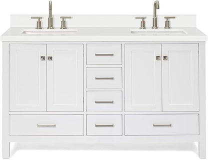 ARIEL Cambridge 60-inch Bathroom Vanity with Sink,Solid Wood, 1.5-inch Pure White Quartz Countertop & Backsplash, Double Rectangular Porcelain Sink, 4 Soft Closing Doors, 6 Dovetail Drawers, White