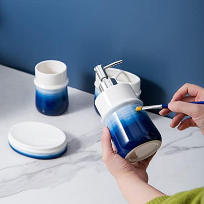 Navy Blue Bathroom Accessories Set, 4-Piece Blue Ceramic Bathroom Decorations Accessories Set,Contain Toothbrush Cup,Soap Dispenser,Soap Dish,Tumbler