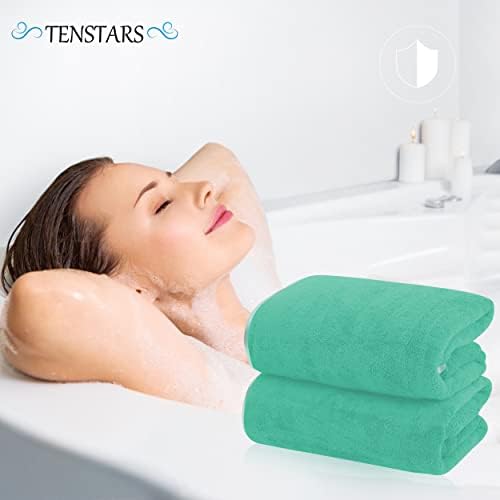 TENSTARS Silk Hemming Bath Towels for Bathroom Clearance - 27 x 55 inches - Light Thin Quick Drying - Soft Microfiber Absorbent Towel for Bath Fitness, Sports, Yoga, Travel, Gym - 2 Pack, Aqua Green