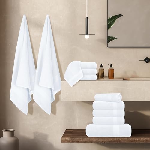 GLAMBURG Ultra Soft 24-Piece Towel Set - 100% Pure Ringspun Cotton, Contains 8 Oversized Bath Towels 27x54, 8 Hand Towels 16x28, 8 Wash Cloths 13x13 - Ideal for Everyday use, Hotel & Spa - White