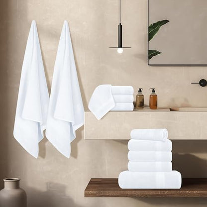 GLAMBURG Ultra Soft 24-Piece Towel Set - 100% Pure Ringspun Cotton, Contains 8 Oversized Bath Towels 27x54, 8 Hand Towels 16x28, 8 Wash Cloths 13x13 - Ideal for Everyday use, Hotel & Spa - White