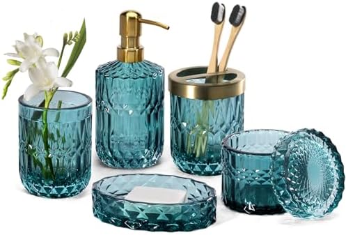EMPO 6PCS Bathroom Clear Glass Accessories Set (Lotion Soap Dispenser, Soap Dish, Toothbrush Holder, Tumbler, Cotton Swab Jar), Contemporary Modern Decor Crystal Vintage Gift (6pcs Ocean Teal Blue)