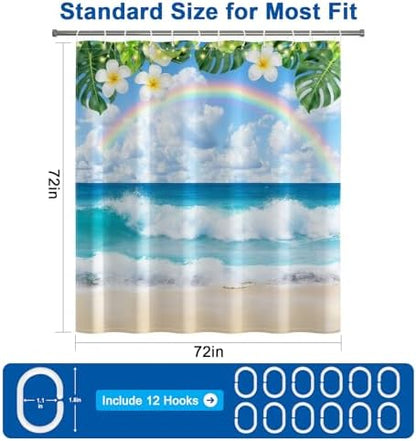 Summer Rainbow Beach Ocean Shower Curtain with Weighted Bottom, Tropical Coastal Waves Waterproof Decorative Shower Curtain, Machine Washable Fabric Shower Curtains with 12 Hooks, 72x72 Inch