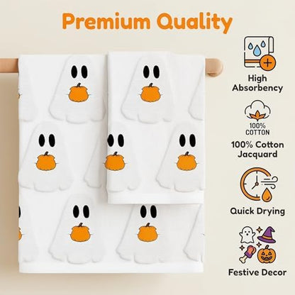 2 Pack Halloween Hand Towels 100% Cotton Jacquard Ghost and Pumpkin Halloween Kitchen Towels White Bathroom Towels Set Seasonal Bathroom Decor(Ghost and Pumpkin)
