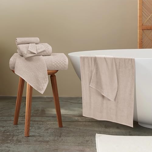 MyOwn Premium Cotton 6 Pack Towel Set for Bathroom, Contains 2 Bath Towels 28x55 inch, 2 Hand Towels 16x24 inch & 2 Wash Coths 12x12 inch, Ideal Everyday use, Compact & Lightweight - Tan