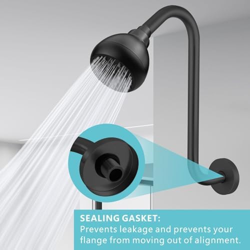 Shower Head Extension Arm with Flange, S Shaped High Rise Gooseneck Showerhead Riser Pipe, Universal Standard 1/2" Connection - Bathroom Accessory (12 Inch, Matte Black)
