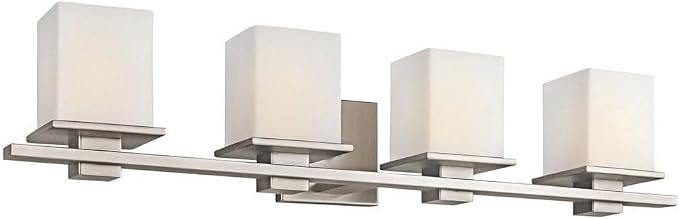 Kichler Tully 4-Light Bathroom Vanity Light, Antique Pewter | Modern vanity light with satin etched cased opal glass (32" x 6.75" x 6.5"), 45152AP