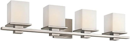Kichler Tully 4-Light Bathroom Vanity Light, Antique Pewter | Modern vanity light with satin etched cased opal glass (32" x 6.75" x 6.5"), 45152AP