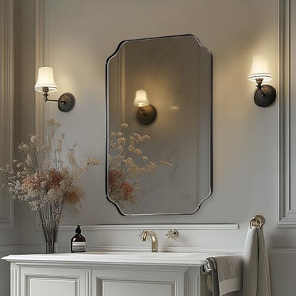 MIRRORART Black Bathroom Mirrors for Over Sink, 24x36 Scalloped Mirror for Bathroom, Notched Corner Rectangle Mirror in 1’’ Stainless Steel Metal Frame Home Remodel Wall Mount Vertical/Horizontal