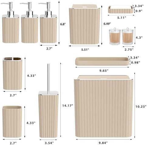 Bathroom Accessory Set - Bathroom Set, 12PC Bathroom Accessories Set, Beige Bathroom Accessories Set, Mini Trash Can, Toilet Brush, Trash Can & Soap Dispenser