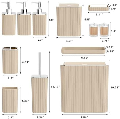 Bathroom Accessory Set - Bathroom Set, 12PC Bathroom Accessories Set, Beige Bathroom Accessories Set, Mini Trash Can, Toilet Brush, Trash Can & Soap Dispenser