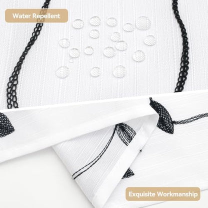 Embroidered Leaf Farmhouse Shower Curtain,Faux Linen,72Wx72L,White Black
