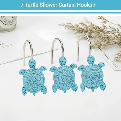 12Pcs Blue Turtle Shower Curtain Hooks Decorative for Curtain Rods, Cute Animals Shower Curtain Rings, Silver Stainless Steel Metal Shower Curtain Hanger Hooks, Turtle Ocean Beach Bathroom Decor