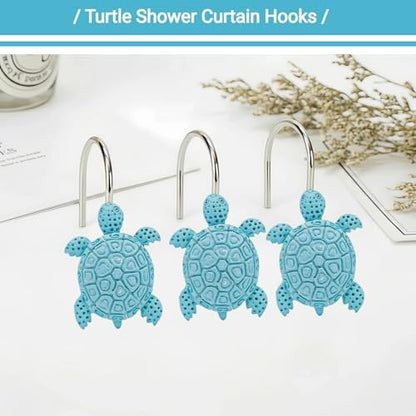 12Pcs Blue Turtle Shower Curtain Hooks Decorative for Curtain Rods, Cute Animals Shower Curtain Rings, Silver Stainless Steel Metal Shower Curtain Hanger Hooks, Turtle Ocean Beach Bathroom Decor