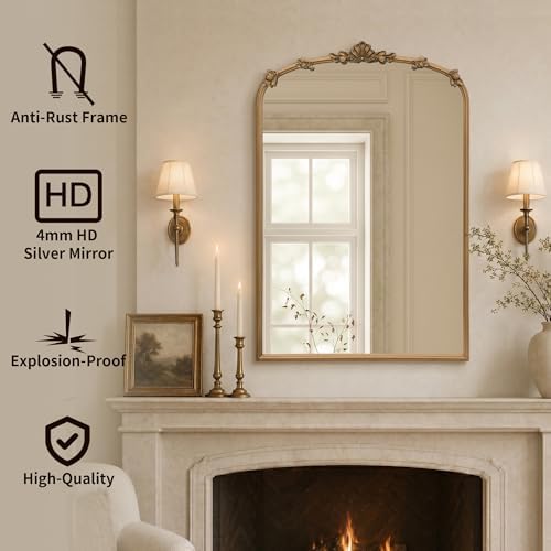 Besdomus Vintage Gold Mirror for Bathroom: 24"x36" Ornate Arched Mirror