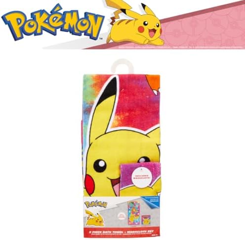 Pokemon Gamer Kids Bath/Pool/Beach Soft Absorbent Cotton Terry Towel with Washcloth 2 Piece Set, 50 in x 25 in, (Officially Licensed Product) by Franco