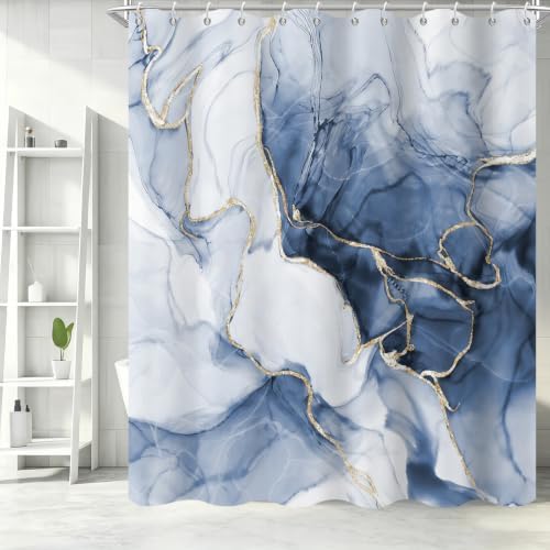 Blue Marble Shower Curtain Modern Abstract Luxury Gold Ink Texture Gray Ombre Watercolor Bathroom Curtain Set with Hooks Soft and Lightweight Waterproof Fabric Machine Washable 66" WX72 L