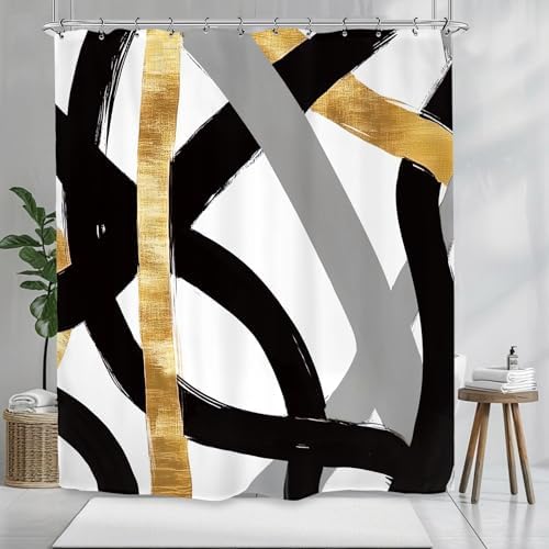 Abstract Modern Shower Curtain 60Wx72L Inch Black Gray Gold Minimalist Contemporary Art Geometric Neutral Bathroom Set Accessories Decor with 12 Pack Hooks