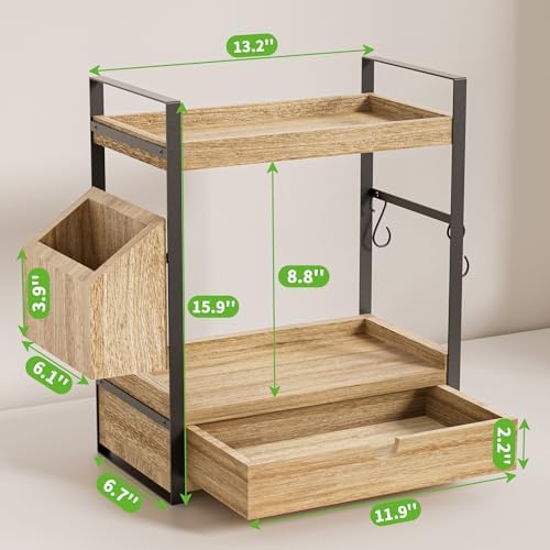 2-Tier Bathroom Counter Organizer, Wooden Vanity Shelf with Drawer & Basket
