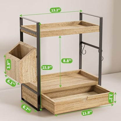 2-Tier Bathroom Counter Organizer, Wooden Vanity Shelf with Drawer & Basket
