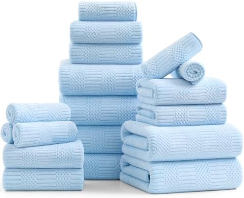 18 Pcs Blue Woven Family Towels Set-6 Bath Sheets,6 Hand Towels,6 Washcloths Soft Microfiber Towels Absorbent Shower Towel Quick Dry Beach Chair Towel Lint Less Towels Set for Bathroom Spa Gym Hotel