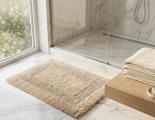 KEMA Soft 100% Cotton Linen Bath Mat 17"x24" - Regular Use Rectangular Spa Mat Rug Plush Water Absorbent, Decorative Border for Bathroom Vanity, Bathtub/Shower - Machine Washable - 1 Pack
