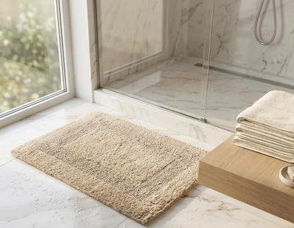 KEMA Soft 100% Cotton Linen Bath Mat 17"x24" - Regular Use Rectangular Spa Mat Rug Plush Water Absorbent, Decorative Border for Bathroom Vanity, Bathtub/Shower - Machine Washable - 1 Pack