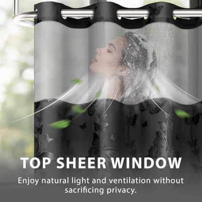 FADOTY No Hook Shower Curtain Snap in Liner Set with Black Butterfly Design