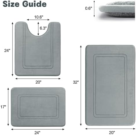 YIHOUSE Memory Foam Bath Mat Set, Non Slip Bath Mats for Bathroom, Super Soft and Water Absorbent Bath Rug Set, Machine Washable U Shape Toilet Mats, Light Grey