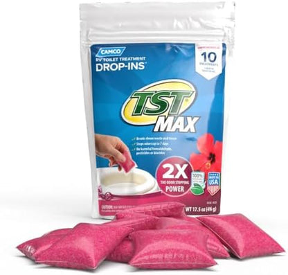 Camco TST MAX RV Toilet Treatment Drop-INs - Control Unwanted Odors and Break Down Waste and Tissue - Septic Tank Safe - Hibiscus Breeze Scent - 10-pack (41603)