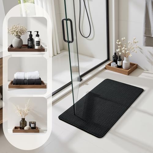 HOMEIDEAS Bathroom Rugs Set 2 Piece Thin Non Slip, Black 17"x24"+20"x32"