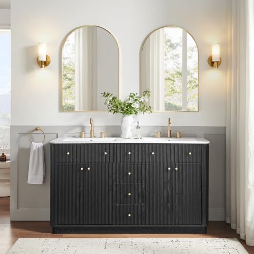 T4TREAM 60" Fluted Bathroom Vanity with Double Sink, Black Oak