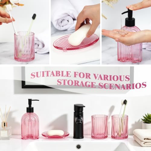 Bathroom Accessories Set, 4Pcs Glass Bathroom Accessories Set Complete, 11.6OZ Lotion Soap Dispenser, Toothbrush Holder, Mouthwash Cup, Soap Dish for Bathroom Decor, Countertop Organizer (Pink)