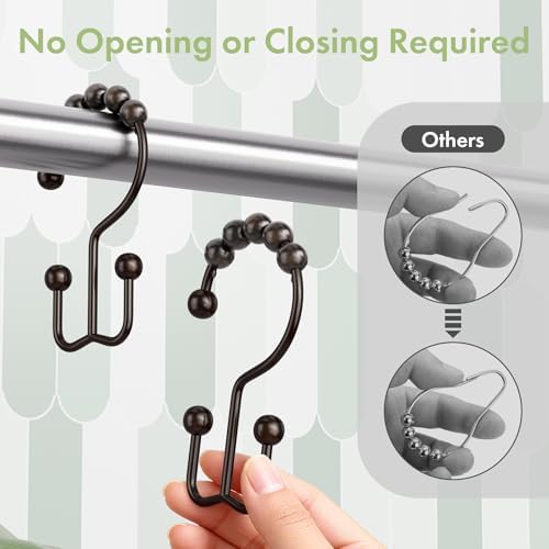 Amazer Shower Curtain Rings, Rust-Resistant Metal Double Shower Hooks for Curtain Rolling Shower Curtain Hooks Rings Shower Rings for Bathroom Shower Curtain Rod, Bronze, Set of 12 Rings