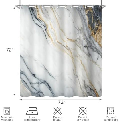 White Marble Shower Curtain Modern Abstract Luxury Gold Ink Texture Gray Ombre Watercolor Bathroom Curtain Set with Hooks Soft and Lightweight Waterproof Fabric Machine Washable 36" Wx72 L