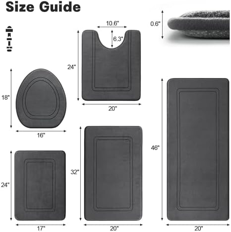 YIHOUSE Dark Grey Memory Foam Bathroom Rug Set 5 Piece,Ultra Absorbent, Non Slip Bath Mats，Washable Dry Quickly Bath Rug Set for Bathroom Floor, Dark Grey Bath Mat Set 5 Piece