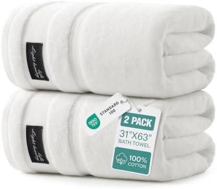 REDKISS Luxury White Bath Towels Set of 2, 100% Cotton 760GSM Heavyweight Bath Sheets, 31 x 63 Inch Oversized Large Bath Towels, Soft Plush Fluffy, Highly Absorbent Quick Dry Hotel Collection