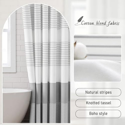 Grey Farmhouse Cotton Striped Shower Curtain with Tassel 60"W X 72"L