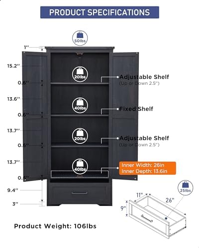 Farmhouse Kitchen Pantry Cabinet - 72" Tall Wood Kitchen Storage Cabinets with Adjustable Shelves & 2 Barn Doors & Drawer, Versatile Storage for Dining Room, Bathroom, Utility Room, Antique Black