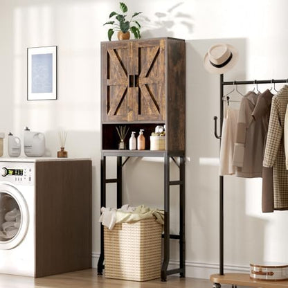 USHOWER Brown Over The Toilet Storage Cabinet with Barn Doors