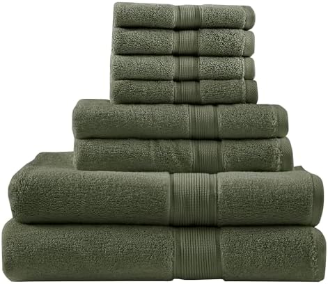 Madison Park 800GSM 100% Cotton Bathroom Bath Towel Set of 8, Olive Green