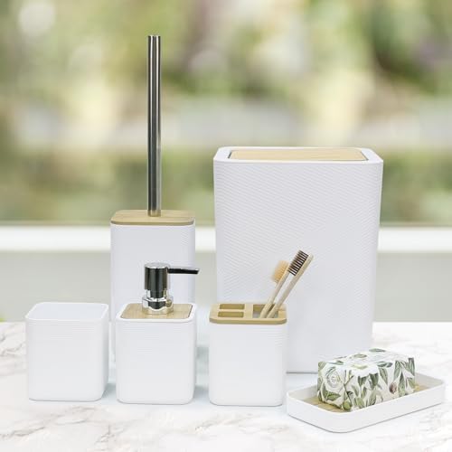 CERBIOR Bamboo Bathroom Accessories Set 6 Piece Bath Ensemble(White)