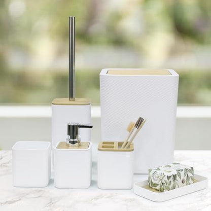 CERBIOR Bamboo Bathroom Accessories Set 6 Piece Bath Ensemble(White)