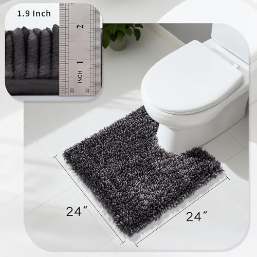 Yimobra Toilet Rugs U Shaped Washable, Extra Thick Soft Absorbent Chenille Contour Bathroom Rugs for Toilet 24x24 Inch, Quick Dry Non Slip Toilet Mat for Bath Floor, Dark Grey