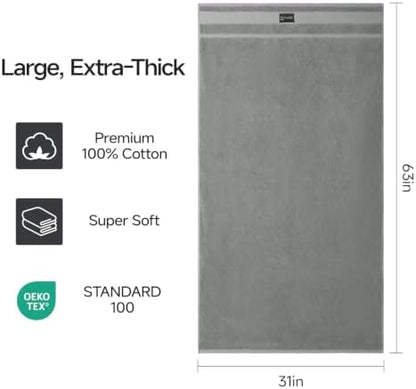 REDKISS 4 Pack Large Bath Towels Set, 100% Cotton, 31x63 in, Heavyweight 760G, Highly Absorbent & Quick Dry, Super Soft Luxury Towels for Bathroom,Hotel Collection - Gray
