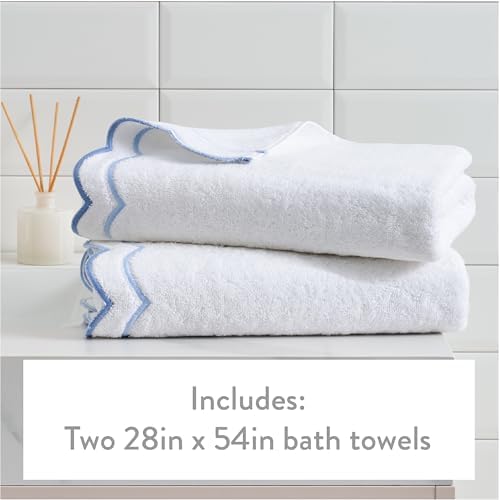 Peri Home 2 Piece Cotton Bath Towel Set, Embroidered, White, Blue Scallop