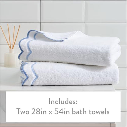Peri Home 2 Piece Cotton Bath Towel Set, Embroidered, White, Blue Scallop
