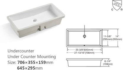Lordear Rectangle Bathroom Sink Undermount 28" Undermount Bathroom Sink Rectangular Pure White Vitreous Ceramic Lavatory Vanity Vessel Sinks